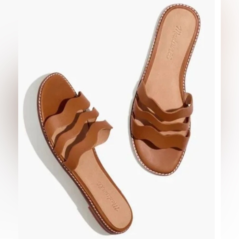 Madewell  Wave Brown Slide Leather Strappy Sandals Slides Flats Slip On Sz 7.5